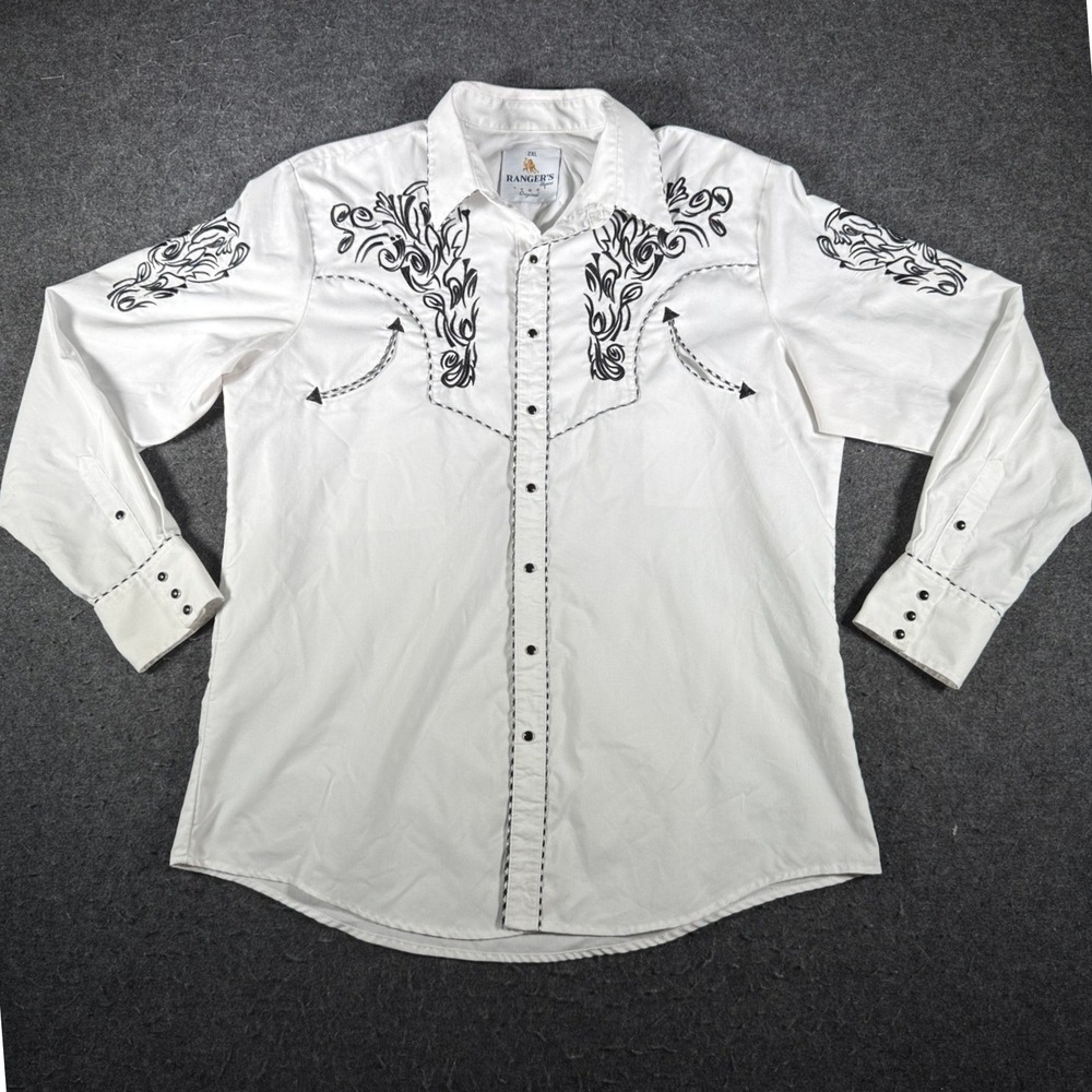 Rangers Legend Mens 2XL White Western Embroidered Pearl Snap Shirt Smile Pockets
